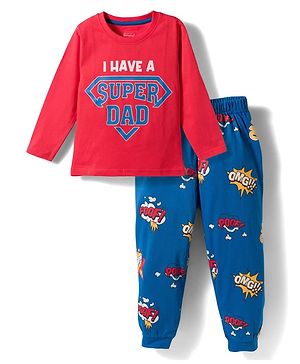 Babyhug Cotton Knit Full Sleeves Text Printed T-Shirt & Pyjama Night Suit - Red & Blue