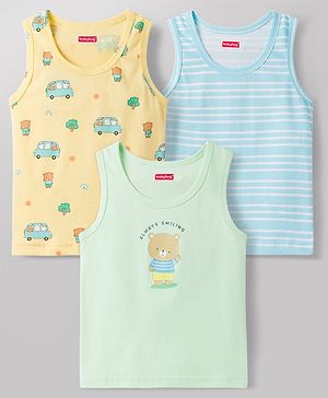 Babyhug 100% Cotton Knit Sleeveless Sando Vests with Car & Teddy Print Pack of 3 - Multicolor