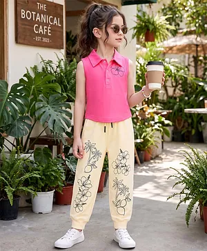 OLLINGTON ST. Cotton Lycra Knit
                              Sleeveless Top & Jogger With Floral
                              Print - Pink & Beige