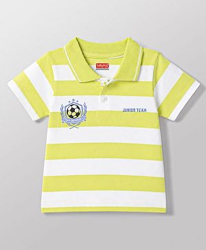 Babyhug 100% Cotton Knit Half Sleeves Striped Polo T-Shirt With Sports Theme Front & Back Print - Multicolor