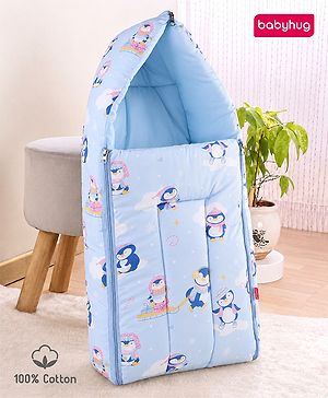 Babyhug 100% Cotton Sleeping Bag cum Carry Nest Penguin Print - Blue| Soft & Cozy| Light Weight & Easy to Carry| Travel Friendly| Easy Zipper Closure| New Born Essential| Washable| Gifting Option
