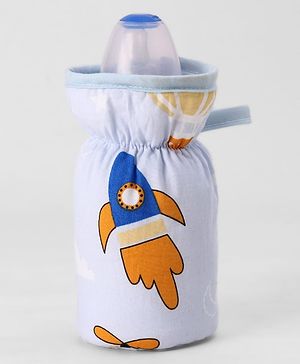 Babyhug Bottle Cover Medium Transport Print - Blue| 0-24 Months| Fits Upto 200 ml Bottle| Soft Cotton Sleeve| Elastic Neck & Carry Loop| Machine Washable| for All Standard Bottles