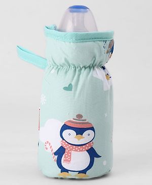 Babyhug Bottle Cover Large Penguin Print - Green| 0-24 Months| Fits Upto 280 ml Bottle| Soft Cotton Sleeve| Elastic Neck & Carry Loop| Machine Washable| for All Standard Bottles