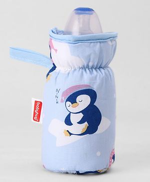Babyhug Bottle Cover Medium Penguin Print - Blue| 0-24 Months| Fits Upto 200 ml Bottle| Soft Cotton Sleeve| Elastic Neck & Carry Loop| Machine Washable| for All Standard Bottles