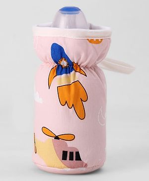 Babyhug Bottle Cover Medium Transport Print - Peach| 0-24 Months| Fits Upto 200 ml Bottle| Soft Cotton Sleeve| Elastic Neck & Carry Loop| Machine Washable| for All Standard Bottles