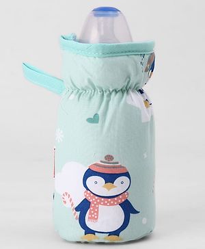 Babyhug Bottle Cover Medium Penguin Print - Green| 0-24 Months| Fits Upto 200 ml Bottle| Soft Cotton Sleeve| Elastic Neck & Carry Loop| Machine Washable| for All Standard Bottles