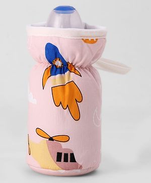 Babyhug Bottle Cover Large Transport Print - Peach| 0-24 Months| Fits Upto 280 ml Bottle| Soft Cotton Sleeve| Elastic Neck & Carry Loop| Machine Washable| for All Standard Bottles