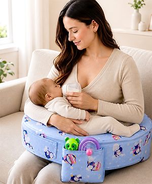 Babyhug Cotton Feeding Pillow With Belt Penguin Print - Blue | Fits upto waist size 36 inches