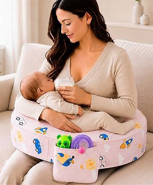 Babyhug Cotton Feeding Pillow With Belt Transport Print - Peach | Fits upto waist size 36 inches