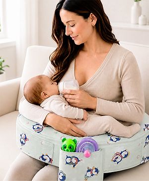 Babyhug Cotton Feeding Pillow With Belt Penguin Print - Green | Fits upto waist size 36 inches