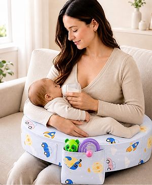 Babyhug Cotton Feeding Pillow With Belt Transport Print - Blue | Fits upto waist size 36 inches