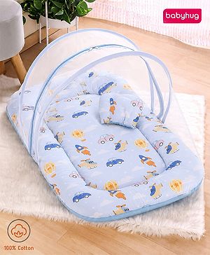 Babyhug Premium 100% Cotton Mattress Set with Mosquito Net & Pillow  Transport Print Blue| Soft Cushioned Bedding | 0-12 Months| New Born Essential| Easy Zipper Closure| Foldable & Travel-Friendly