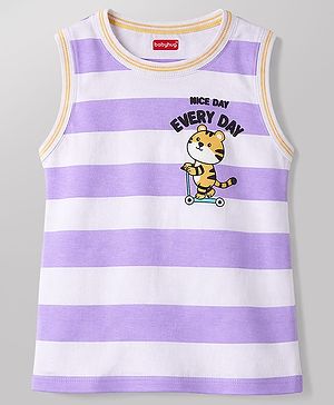 Babyhug Cotton Knit T-Shirt Sleeveless Striped with Graphic Print Multi Color 6-9 Months