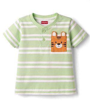 Babyhug Cotton Knit T-Shirts Half Sleeves Striped Henley with Graphic Multi Color 6-9 Months