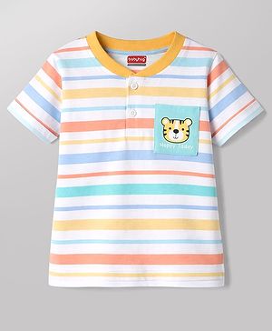 Babyhug Cotton Knit T-Shirt Half Sleeves Striped Henley Tee with Graphics Multi Color 9-12 Months