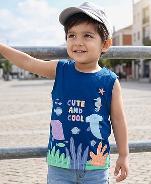 Babyhug Cotton Knit Sleeveless T-Shirt With Sea Animals Print - Navy Blue