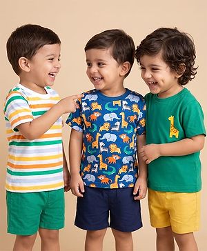 Babyhug Cotton Knit Half Sleeves T-Shirts with Animal & Striped Print Pack of 3 - Blue Turquoise & White