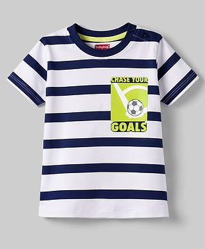 Babyhug Cotton Knit Half Sleeves Striped T-Shirt With Football Print - White & Navy Blue