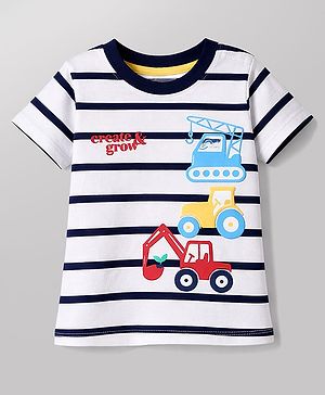 Babyhug Cotton Knit Half Sleeves Striped T-Shirt with Vehicle Print - Multicolor
