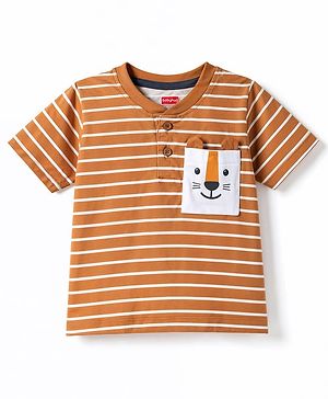 Babyhug 100% Cotton Knit T-Shirts Half Sleeves Striped Henley With Tiger Patch - Orange