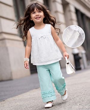 Babyhug Cotton Woven  Sleeveless Self Embroidered Solid Colour Top and Pant Set - White
