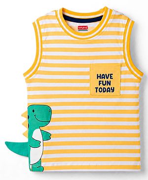 Babyhug Cotton Knit Sleeveless Striped T-Shirt with Graphic Print Multi Color 9-12 Months