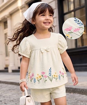 Babyhug 100% Cotton Single Jersey Knit Half Sleeves Top & Shorts With Floral Embroidery & Bow Applique - White