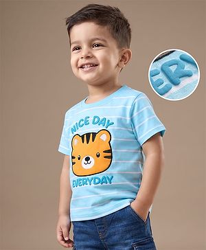 Babyhug 100% Cotton Knit Half Sleeves Striped & Tiger Embroidered T-Shirt - Light Blue