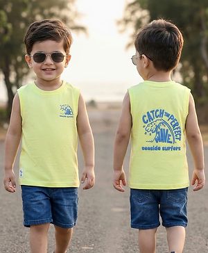 Babyhug Cotton Knit Sleeveless Tank T-Shirt with Beach Theme Print - Light Green