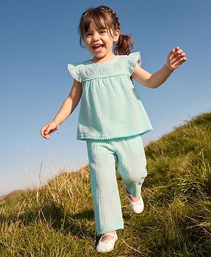 Babyhug Cotton Woven Half Frill Sleeves Floral Embroidered top & Pant Set - Sea Green