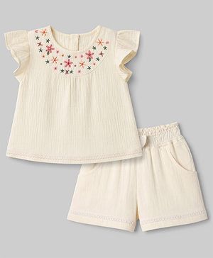 Babyhug Cotton Woven Half Frill Sleeves Floral Embroidered Top & Shorts Set - OffWhite