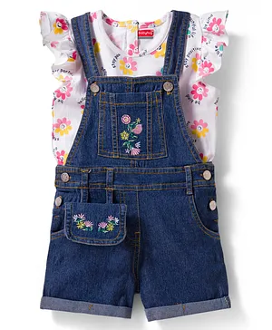 Babyhug Single Jersey Knit Denim
                              Dungaree & Half Sleeves T-Shirt With
                              Floral Print - White & Blue