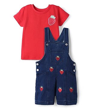 Babyhug 100% Cotton Single Jersey Knit Strawberry Embroidered Dungaree With Half Sleeves Inner Tee - Red & Blue