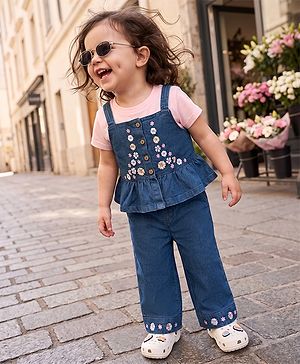Babyhug Denim Half Sleeves Top & Pant Set With Inner Tee & Floral Embroidery - Navy Blue & Pink