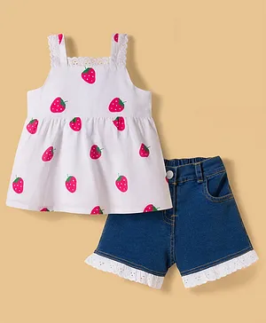 Babyhug Cotton Woven Sleeveless Top
                              & Denim Shorts Set with Strawberry
                              Print - White & Blue