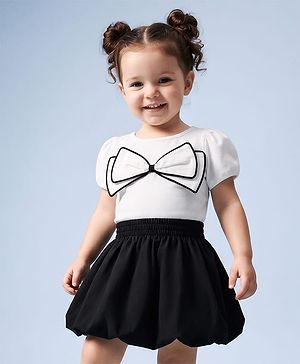 Babyhug Cotton Woven Half Sleeves Solid Top & Skirt With Bow Applique - White & Black