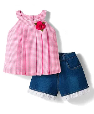 Babyhug Cotton Woven Sleeveless
                              Checkered Top & Denim Shorts Set with
                              Floral Applique - Blue & White