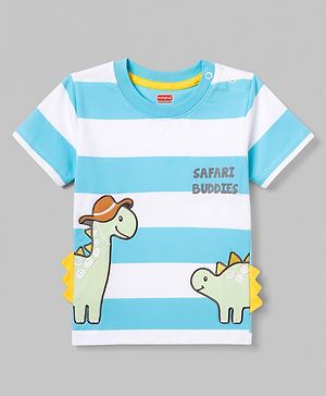 Babyhug 100% Cotton Knit Half Sleeves Striped T-Shirt with Dino Graphic Print & Applique- Light Blue