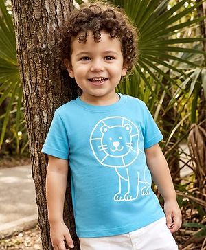 Babyhug Cotton Knit Half Sleeves T-Shirt with Lion Print - Light Blue