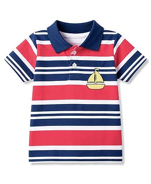 Babyhug Cotton Knit Polo T-Shirt Half Sleeves Striped with Graphic Multi Color 6-9 Months