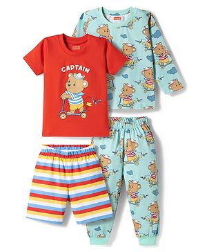 Babyhug 100% Cotton Knit Full Sleeves T-Shirt Pyjama & Shorts Co-ord Night Suits With Teddy Bear Print Pack of 2 - Multicolor