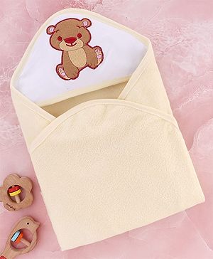 Babyhug Cotton Double Ply Hooded Knit Terry Towel With Teddy Bear Embroidery L 74 x B 60 cm - Yellow