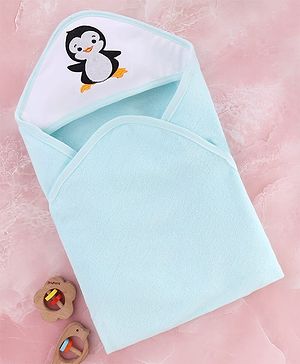 Babyhug Cotton Double Ply Hooded Knit Terry Towel With Teddy Bear Embroidery L 74 x B 60 cm - Light Blue