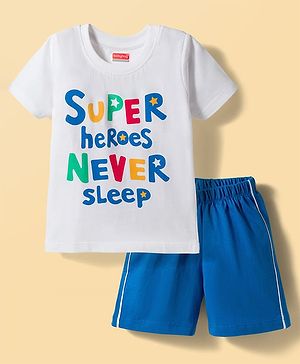 Babyhug Cotton Knit Half Sleeves T-Shirts & Shorts Night Suit with Text Print- White