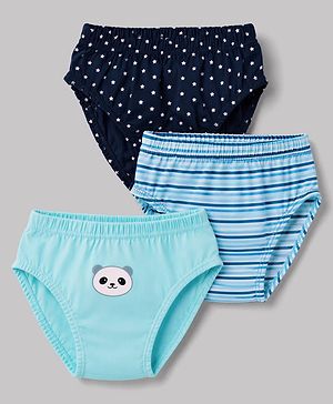Babyhug 100% Cotton Knit Star Panda Printed & Striped Briefs Pack Of 3 - Light & Navy Blue
