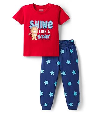Babyhug Cotton Knit Half Sleeves Animal & Star Printed T-Shirt & Pyjama Night Suit - Red
