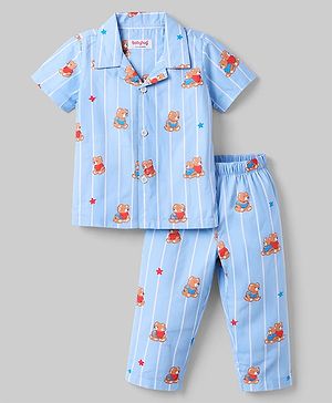 Babyhug Cotton Woven Half Sleeves Shirt & Pyjama Co-ord Night Suit with Teddy Print - Blue