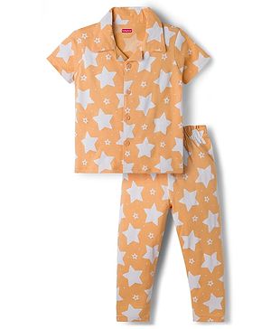 Babyhug Cotton Knit Half Sleeves Shirt & Pyjama Co-ord Night Suit With Star Print - Orange