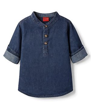 Babyhug Cotton Woven Washed Shirt Full Sleeves Mandarin Collar Blue 0-3 Months