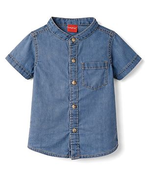 Babyhug Cotton Woven Shirt Half Sleeve Mandarin Collar Blue 0-3 Months